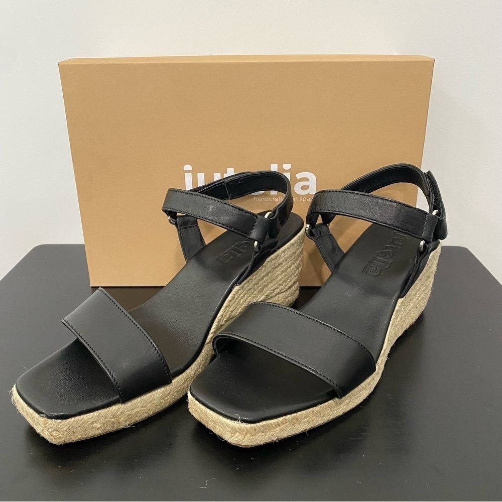 Jutelia Women's Leather Espadrilles Raffia Braided
Wedge Black Size 9